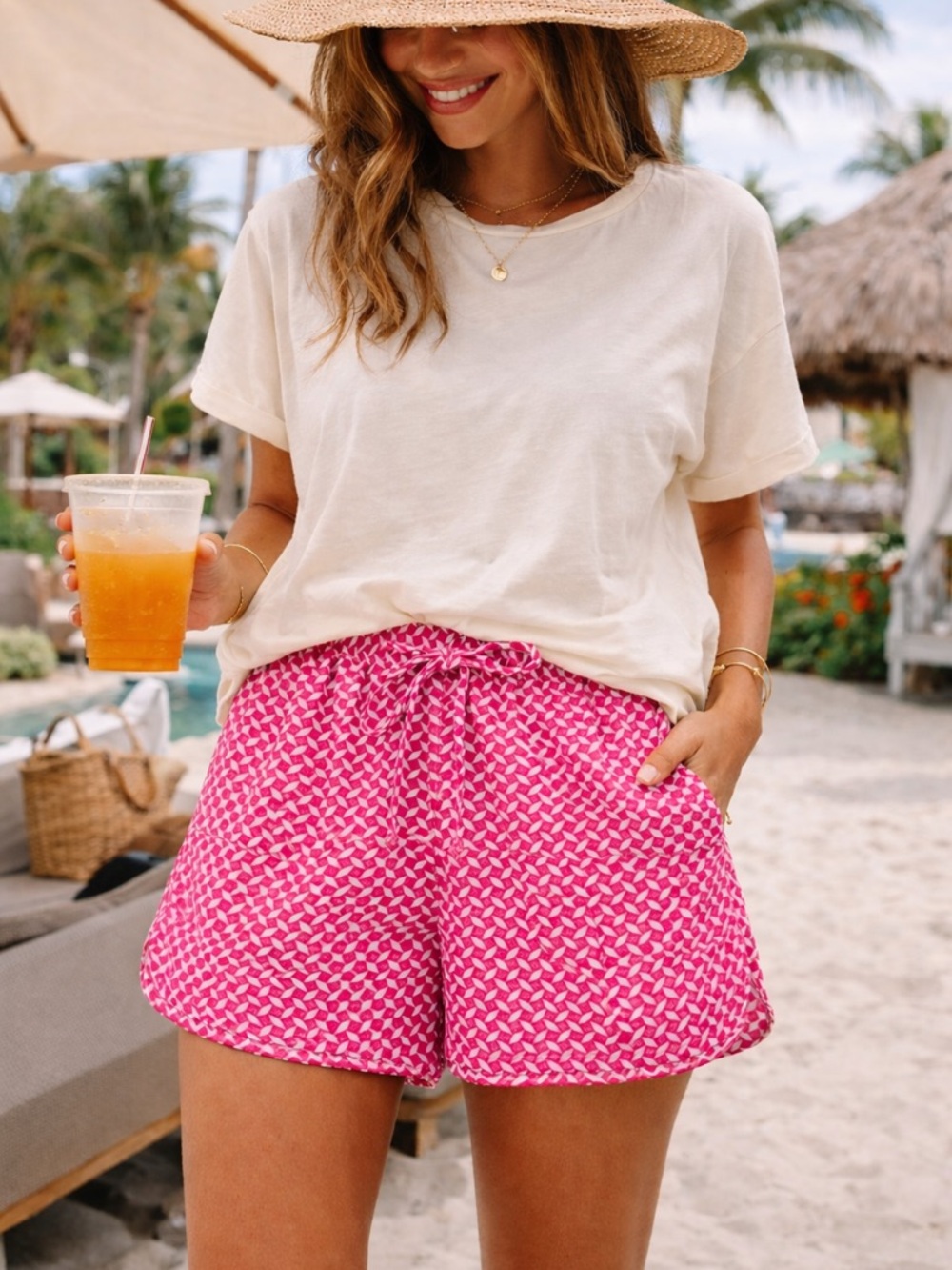 J Crew Women’s Pink Geometric Drawstring Shorts linen blend NWT size L